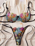 Ladies Sexy Embroidery See Sheer Tie Thong Lingerie Set