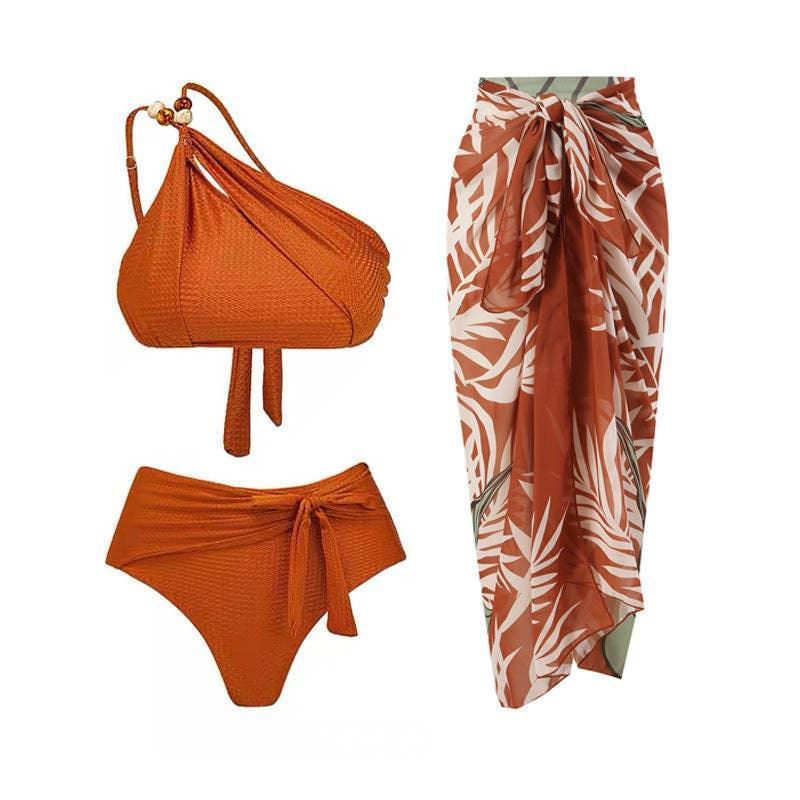 Beads 2PCS Bikini Set with Leaves Print Cover