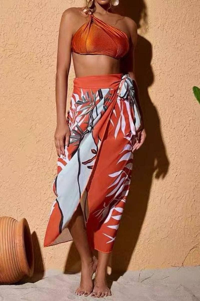 Beads 2PCS Bikini Set with Leaves Print Cover