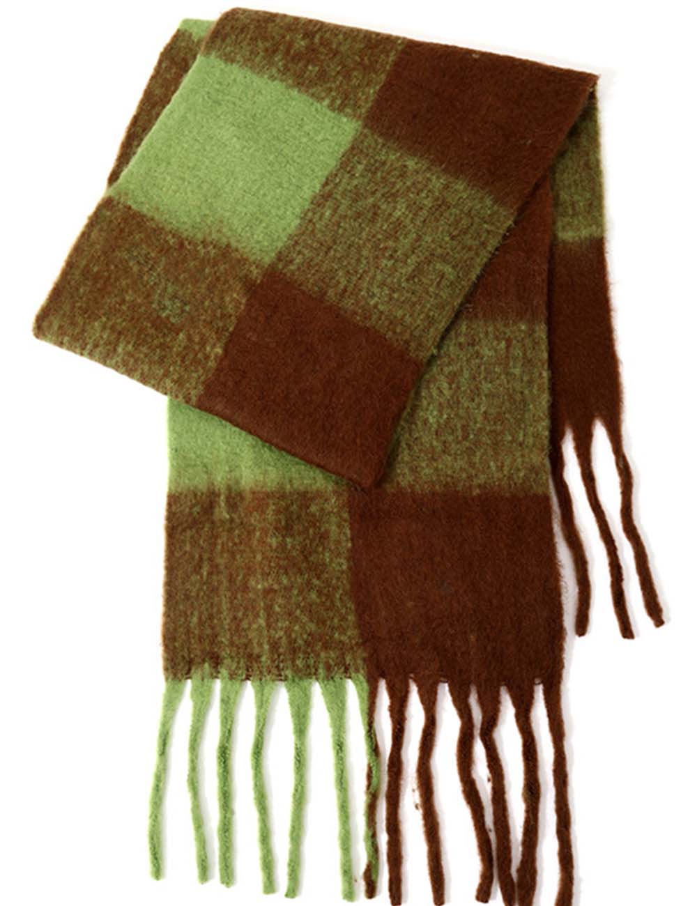 Ladies Color Block Checked Mohair Fringe Knit Scarf