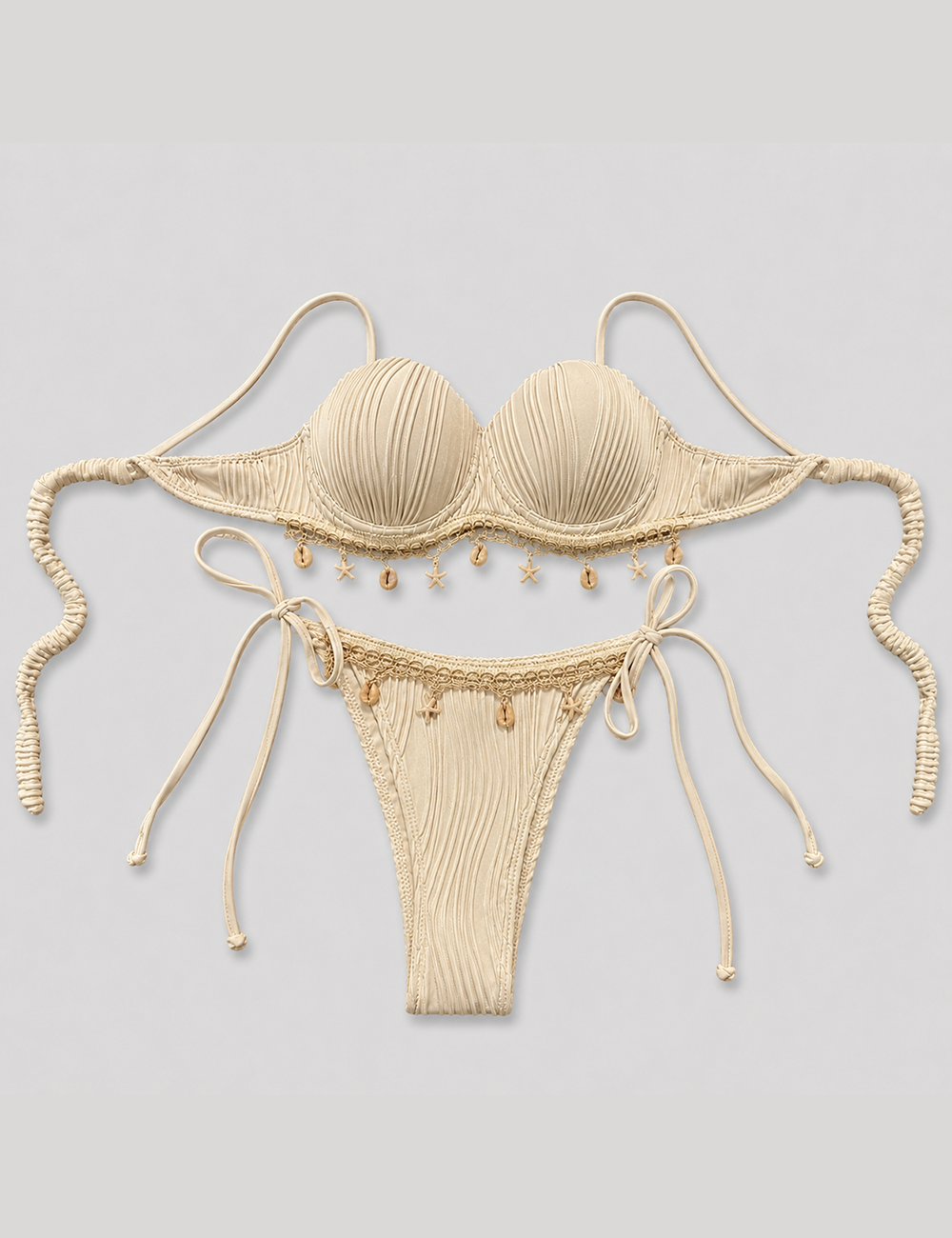 Ladies Solid Color Shell Decor Sweetheart Neck Bikini Set