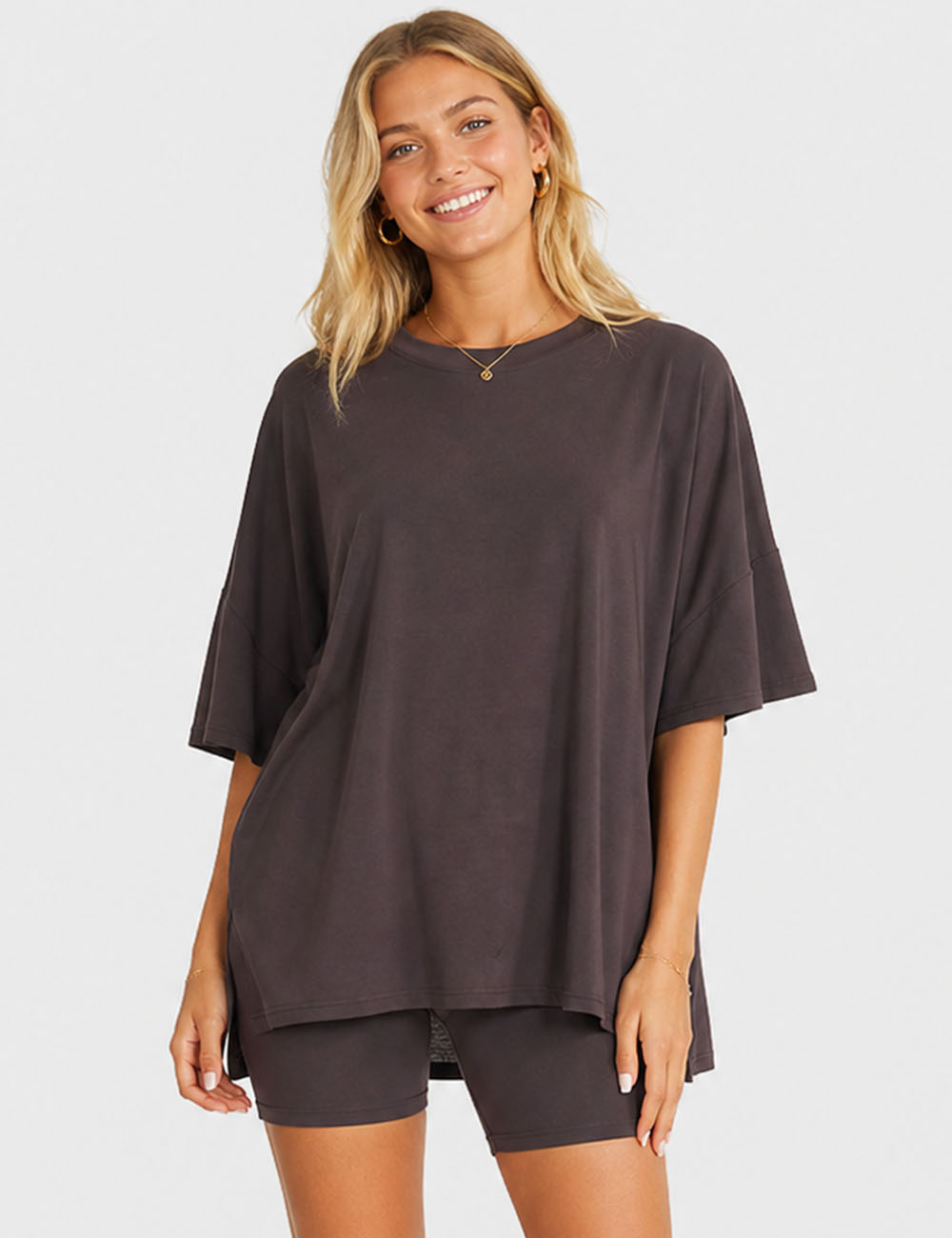 Ladies Solid Loungewear Outfits Loose Top & Slim Shorts Set