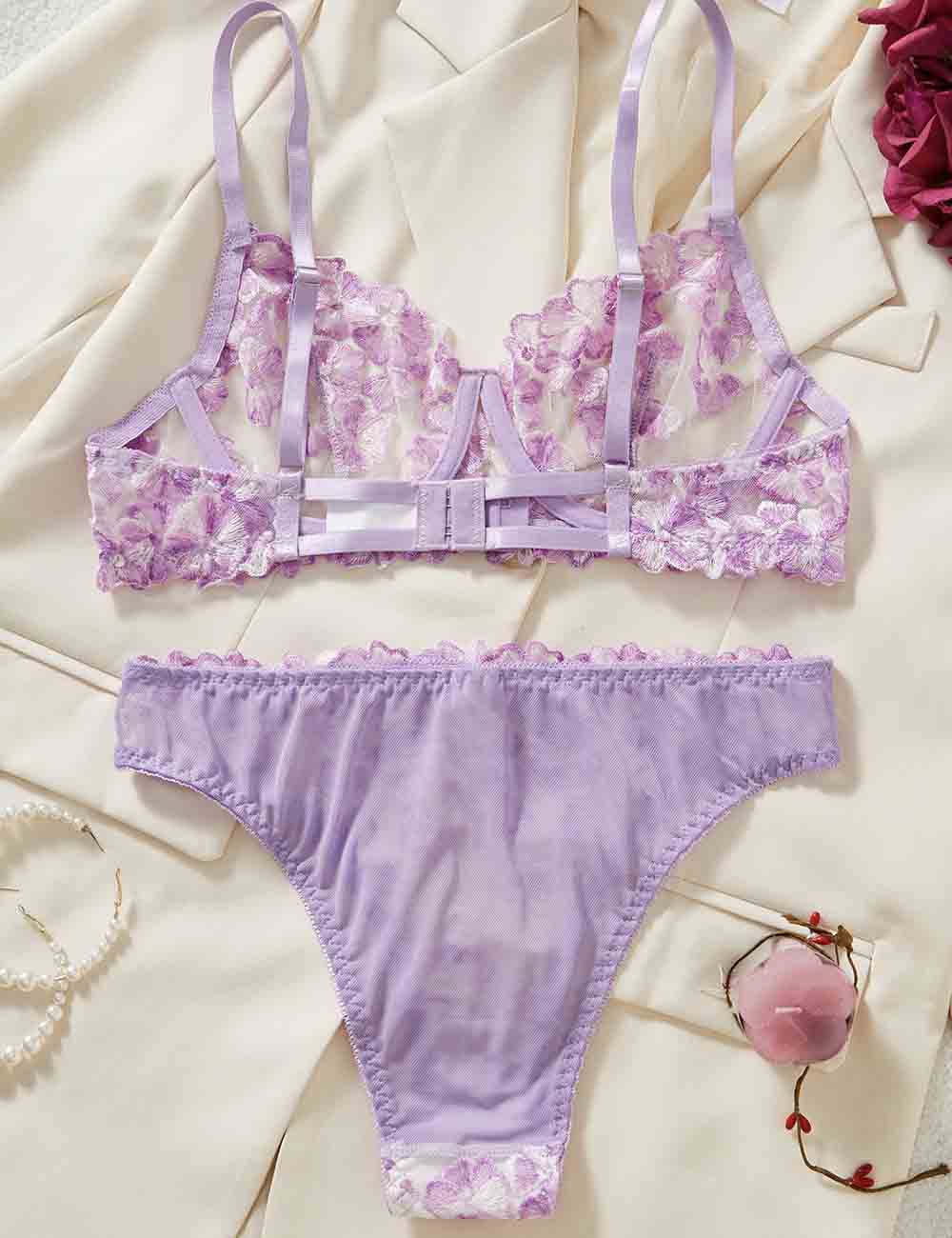 Ladies Floral Embroidery See Through 2PCS Lingerie Set 8HF4113
