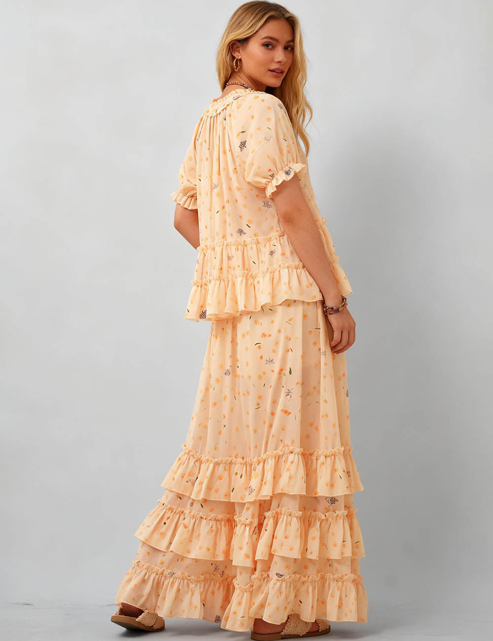 Ladies Floral Print Ruffle Blouse & Maxi Skirt Matching Set