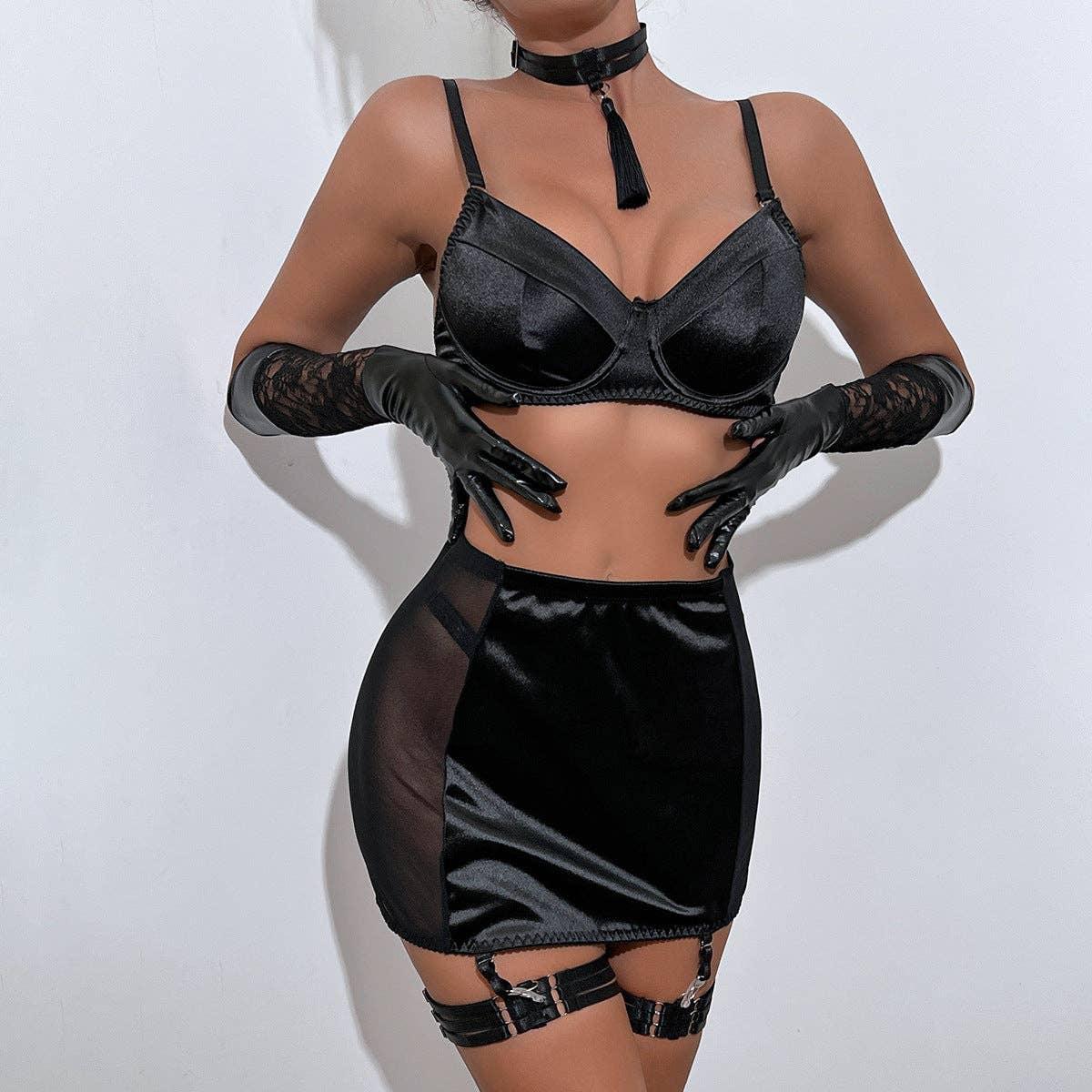 Black Tassels Sexy Lingerie Set with Garter Belt