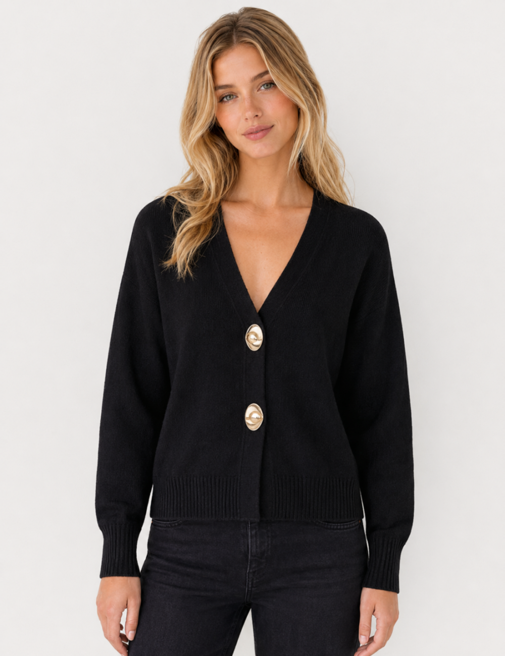 Ladies V Neck Gold Buttons Knit Cardigan Top