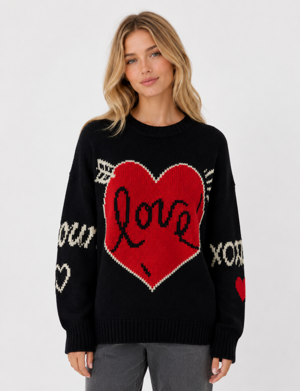 Ladies Love Heart Pattern Crew Neck Knit Sweater