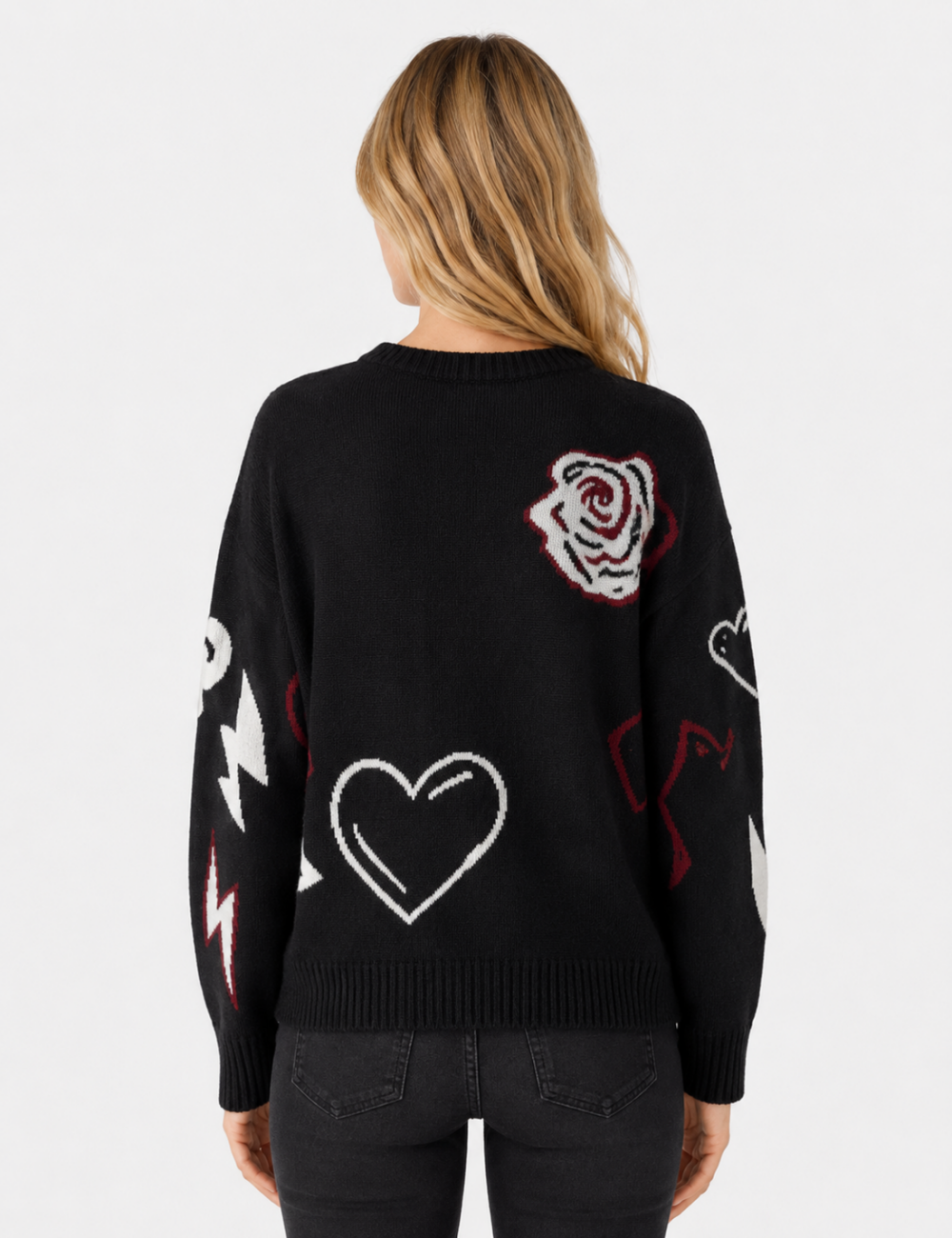 Ladies Heart Music Note Jacquard Crew Neck Knit Sweater