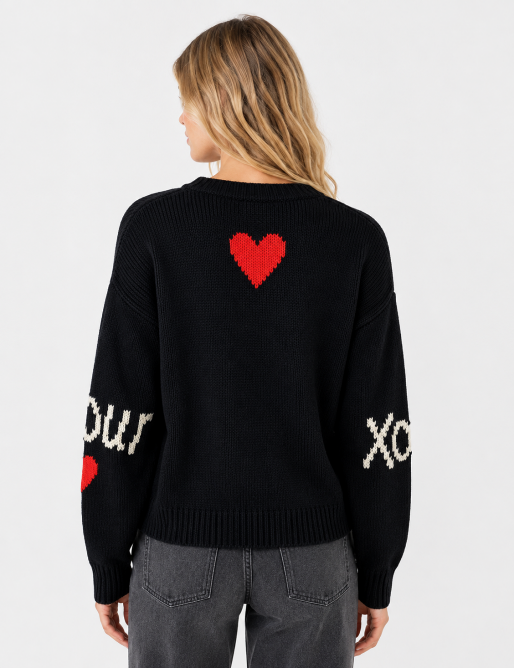 Ladies Love Heart Pattern Crew Neck Knit Sweater