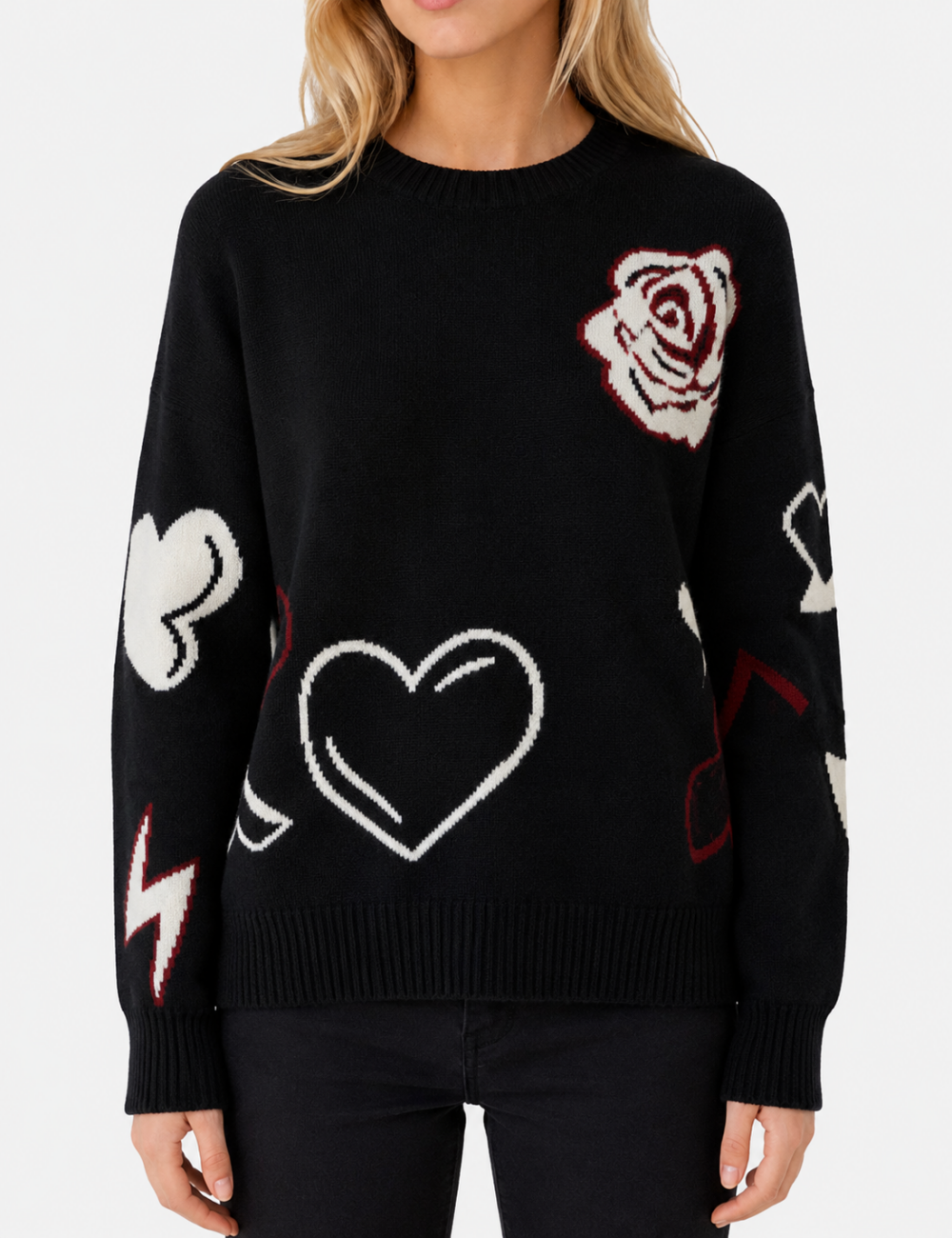 Ladies Heart Music Note Jacquard Crew Neck Knit Sweater