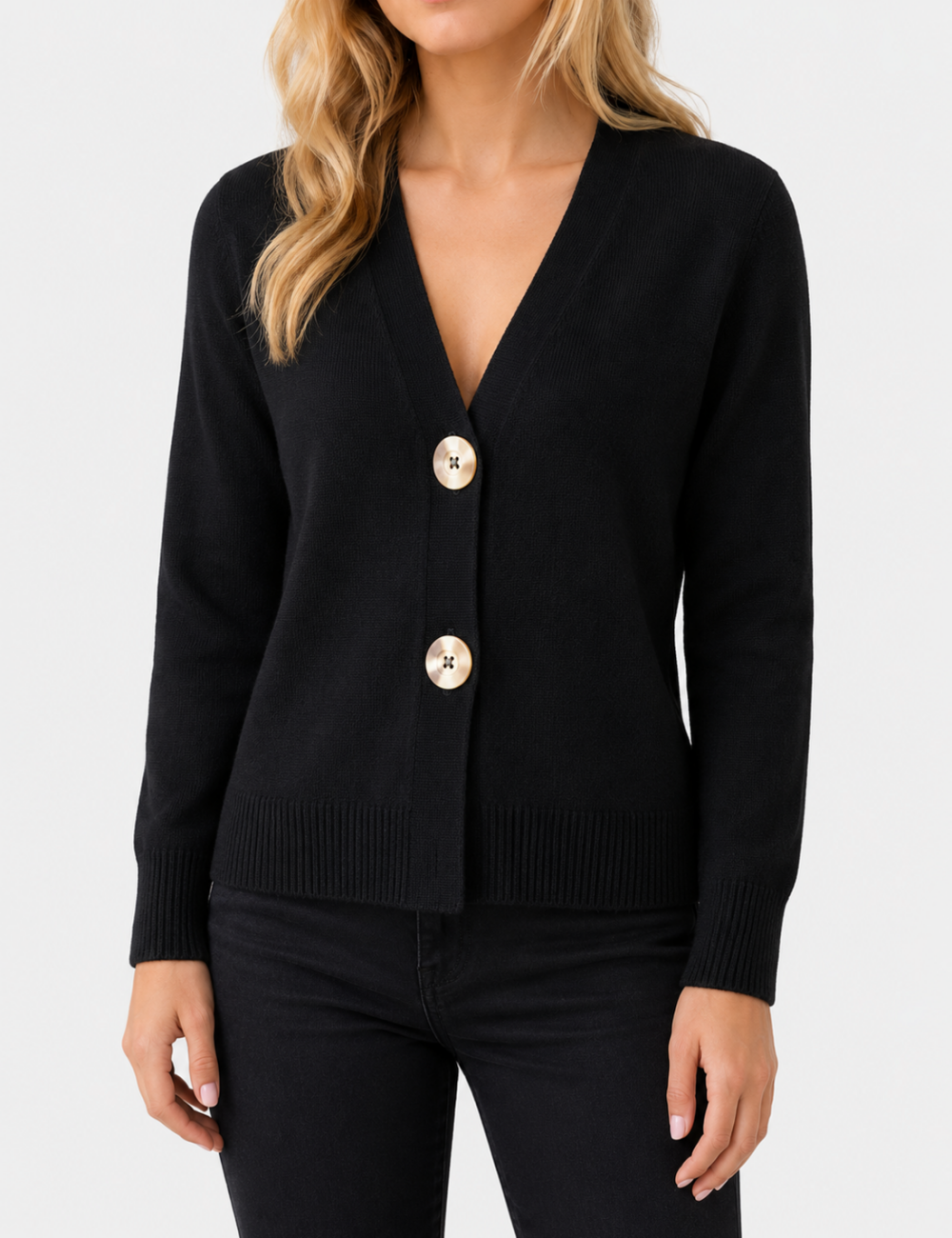 Ladies V Neck Gold Buttons Knit Cardigan Top