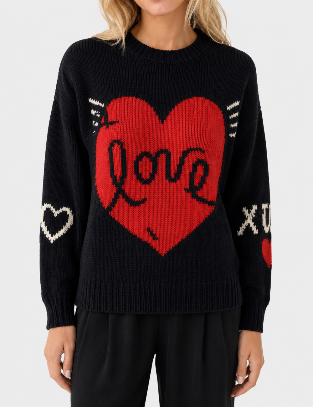 Ladies Love Heart Pattern Crew Neck Knit Sweater