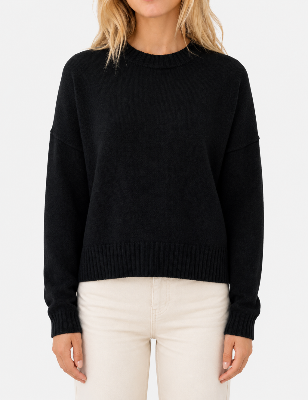 Ladies Crew Neck Cropped Knit Sweater