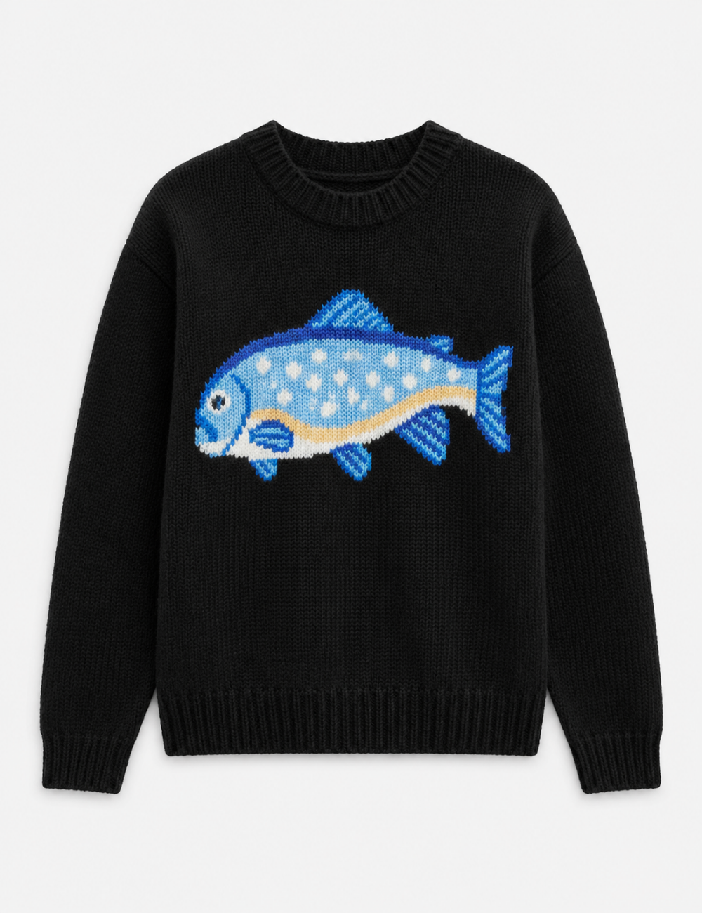 Ladies Fish Jacquard Crew Neck Cropped Knit Sweater