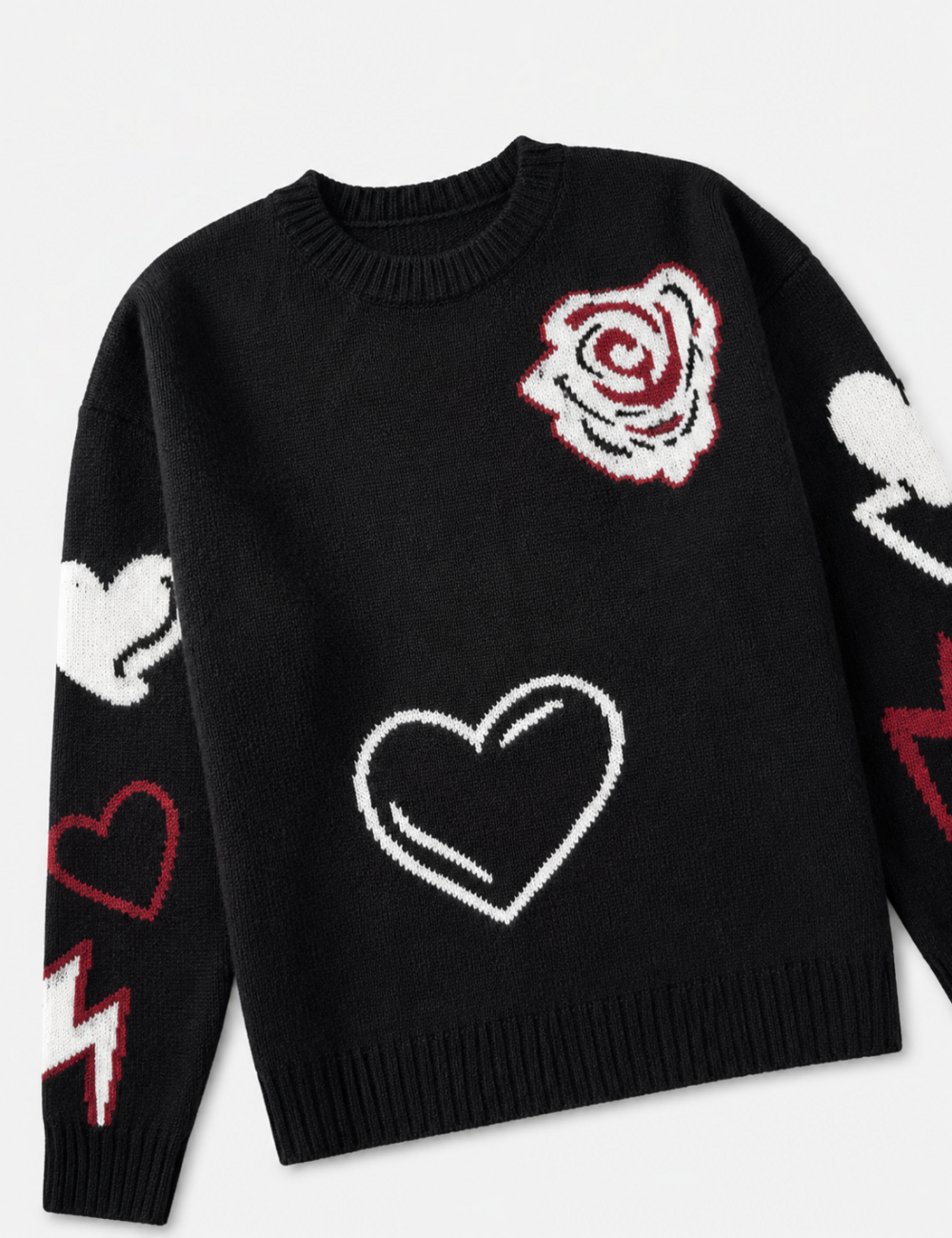 Ladies Heart Music Note Jacquard Crew Neck Knit Sweater