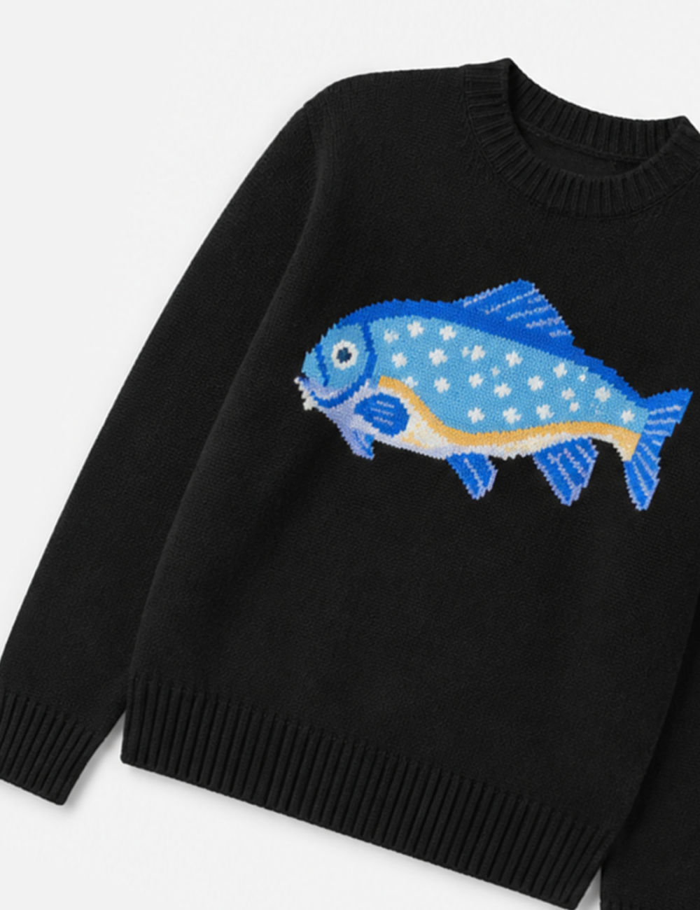 Ladies Fish Jacquard Crew Neck Cropped Knit Sweater