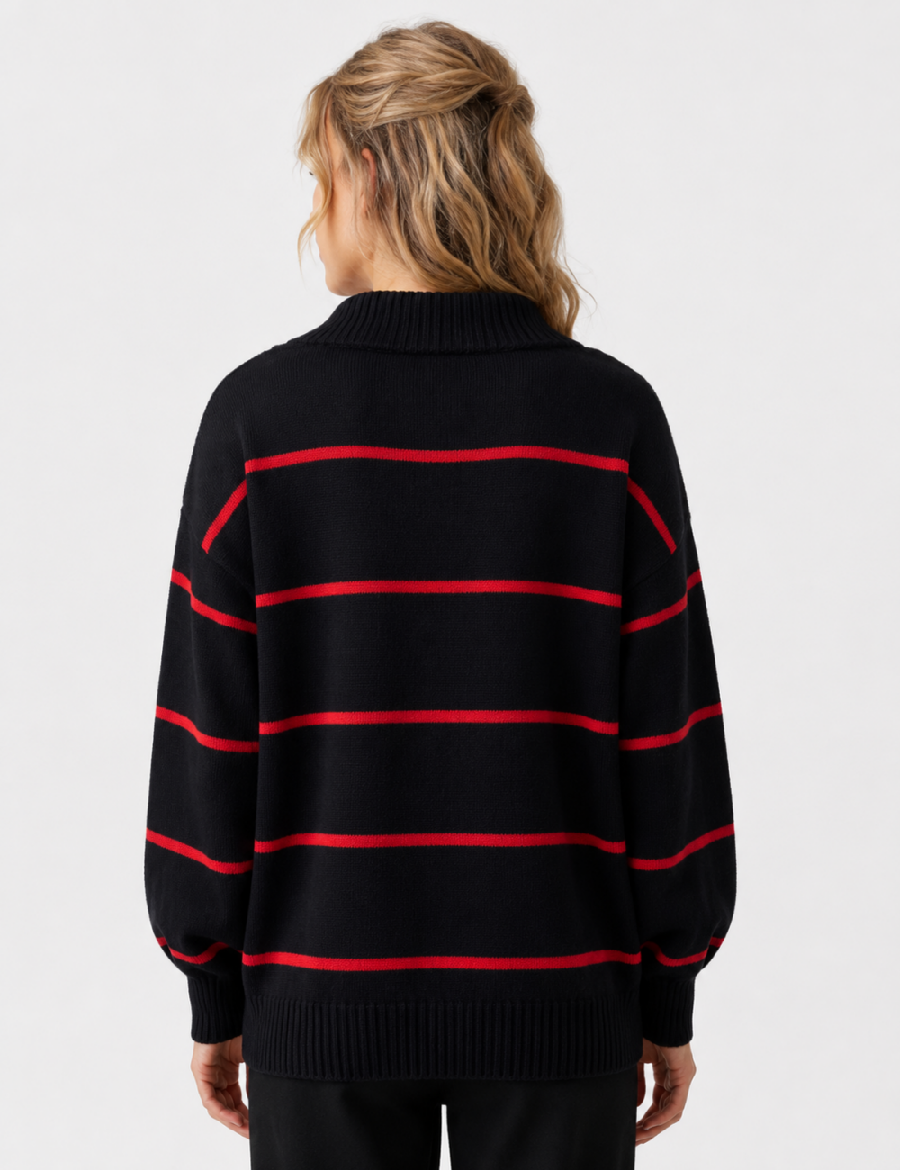 Ladies Horizontal Stripe Half Zip Collar Knit Sweater