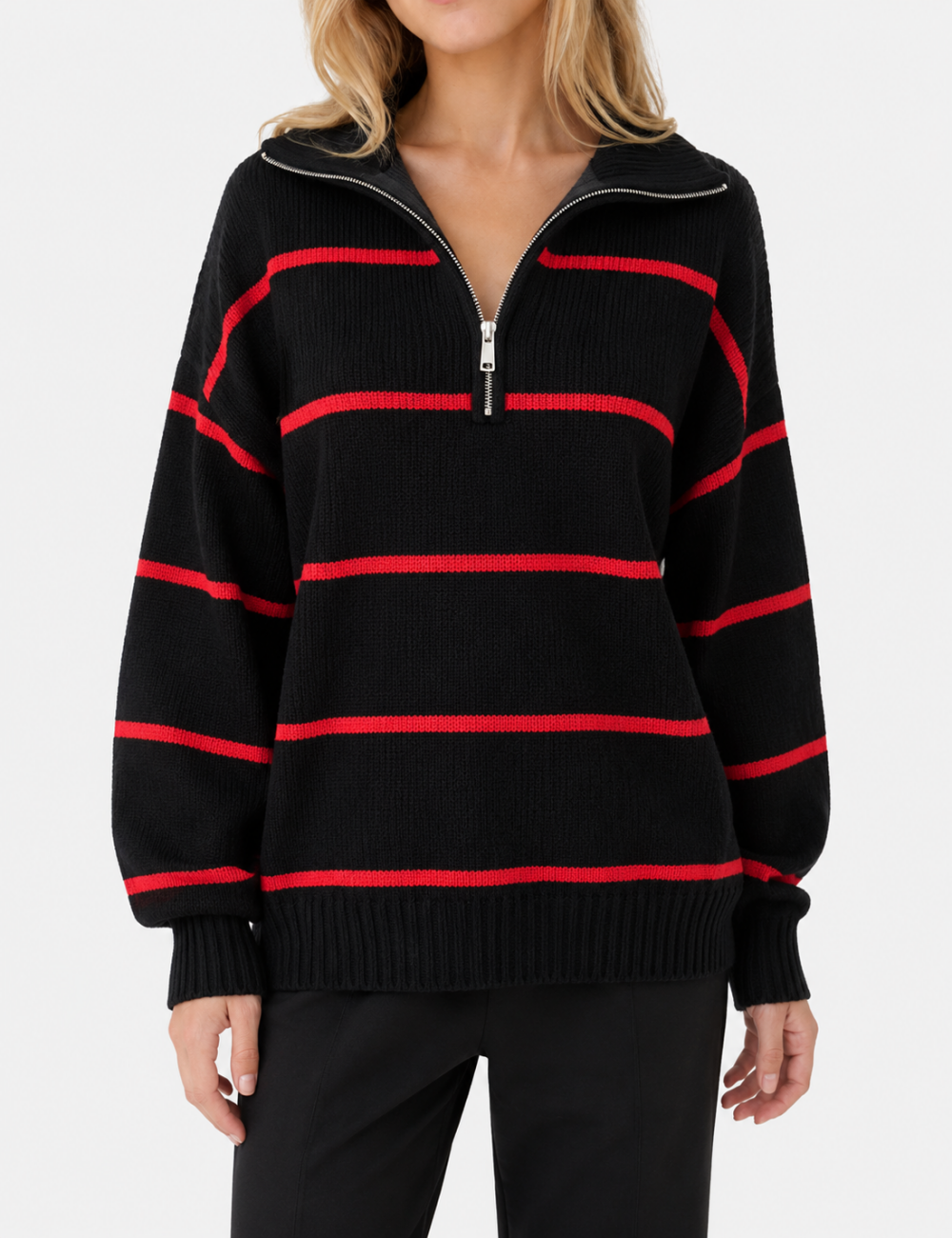 Ladies Horizontal Stripe Half Zip Collar Knit Sweater