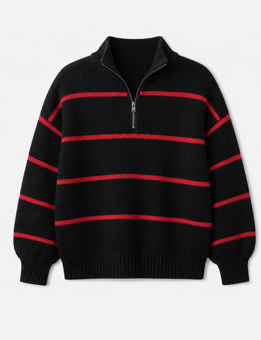 Ladies Horizontal Stripe Half Zip Collar Knit Sweater