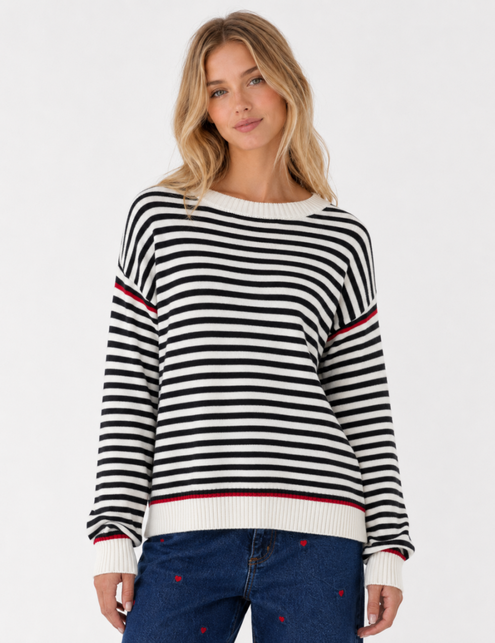 Ladies Color Block Striped Boat Neck Long Sleeve Knit Sweater