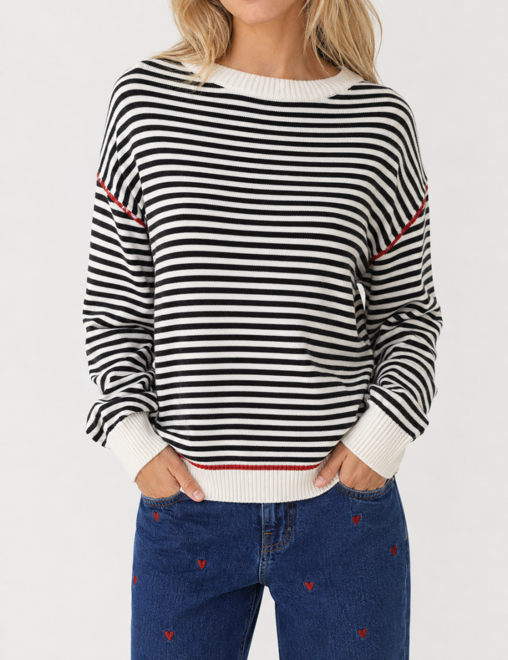 Ladies Color Block Striped Boat Neck Long Sleeve Knit Sweater