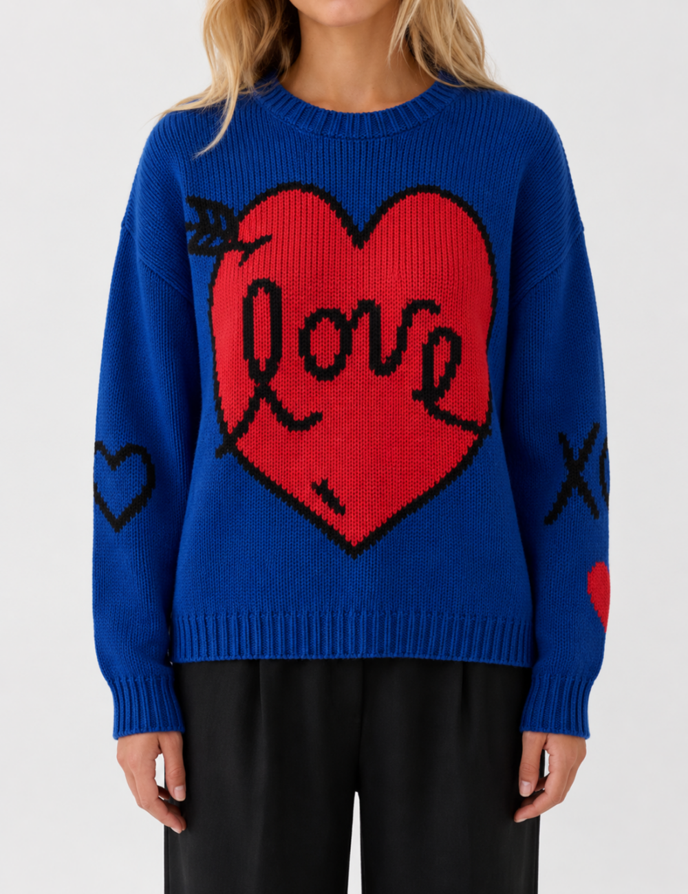 Ladies Love Heart Pattern Crew Neck Knit Sweater