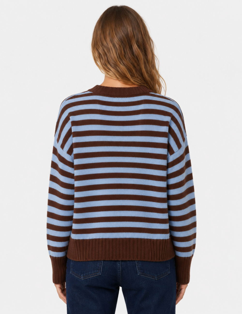 Ladies Horizontal Stripe Crew Neck Drop Shoulder Knit Sweater