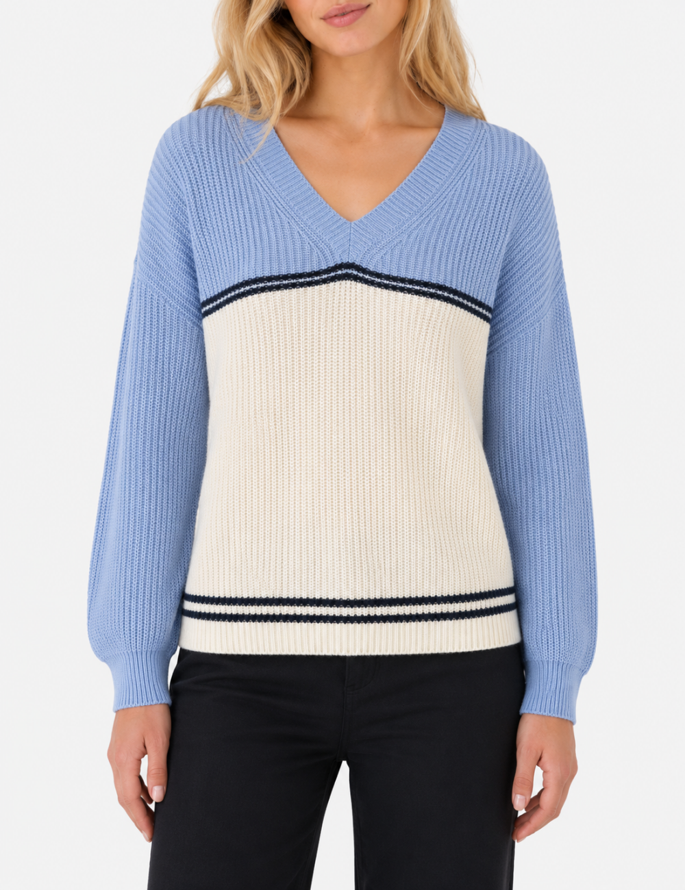 Ladies Long Drop Shoulder Sleeves V Neck Sweater
