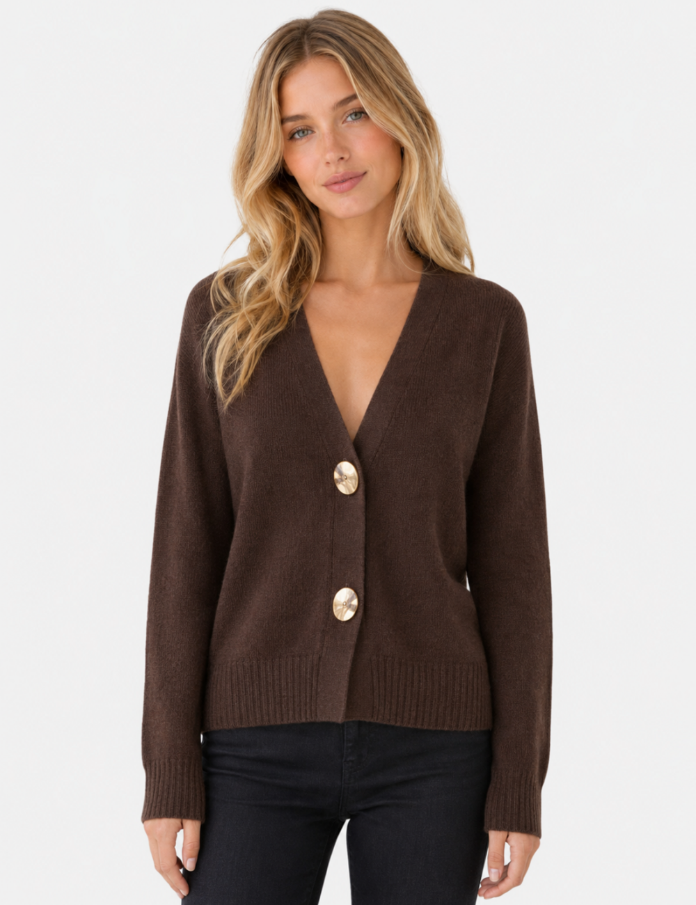 Ladies V Neck Gold Buttons Knit Cardigan Top