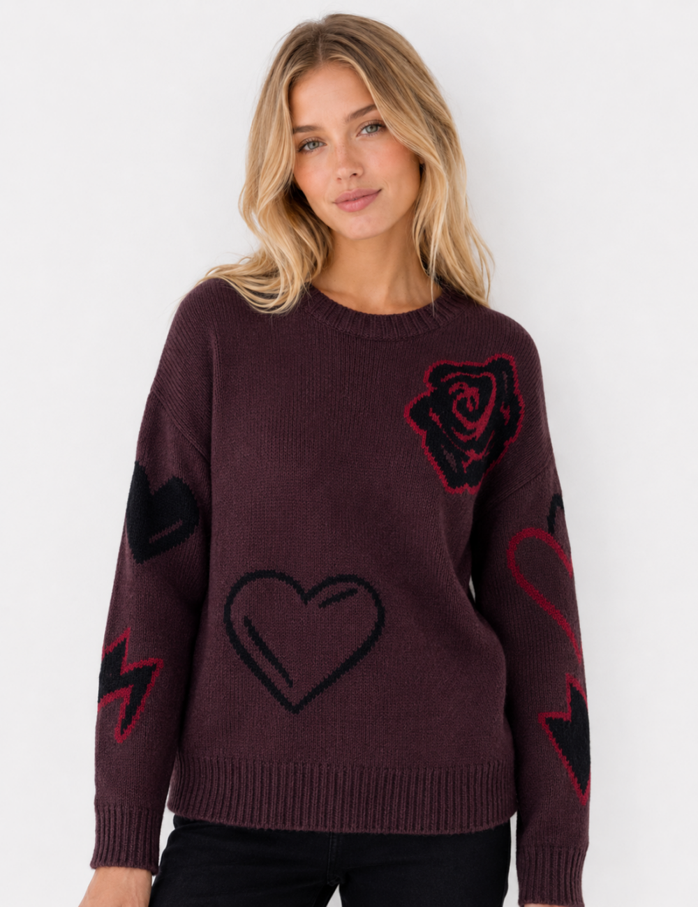 Ladies Heart Music Note Jacquard Crew Neck Knit Sweater