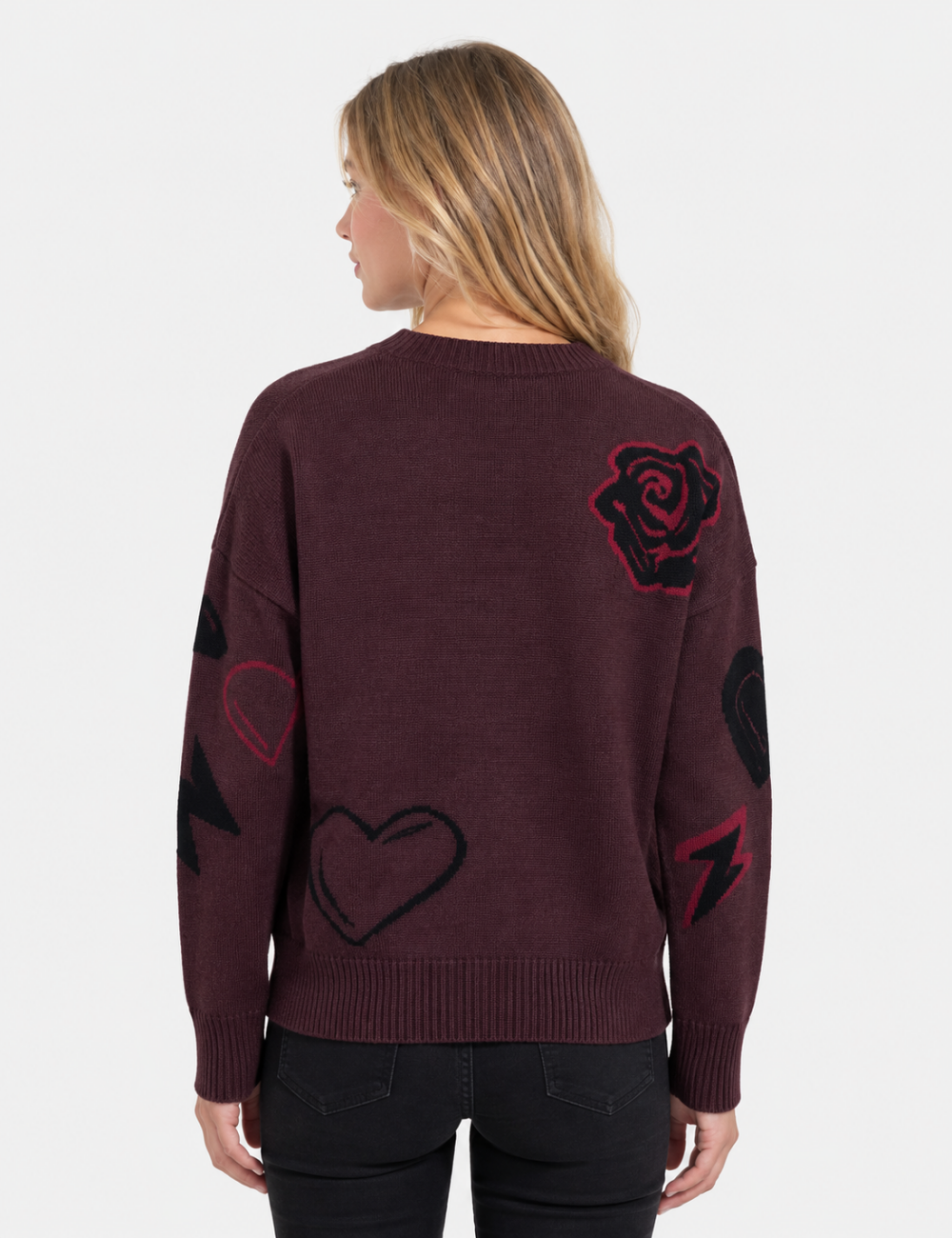 Ladies Heart Music Note Jacquard Crew Neck Knit Sweater
