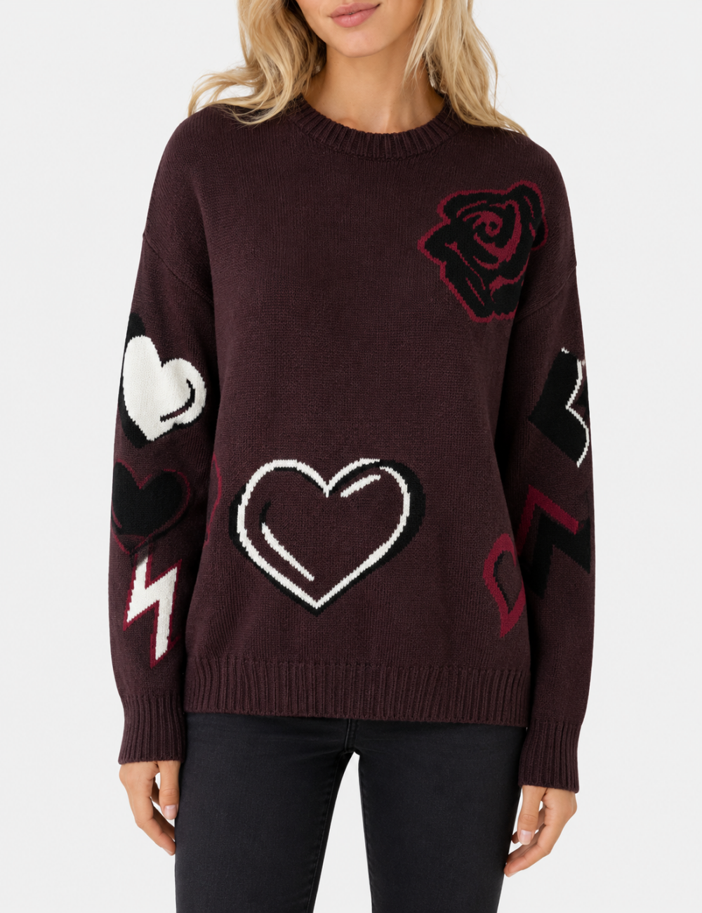 Ladies Heart Music Note Jacquard Crew Neck Knit Sweater