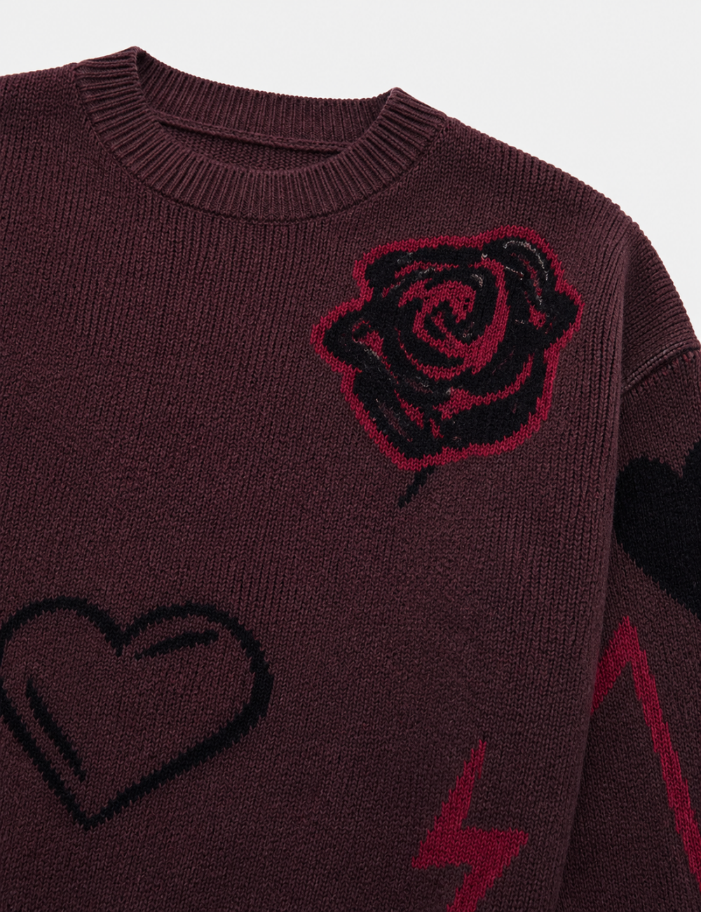 Ladies Heart Music Note Jacquard Crew Neck Knit Sweater