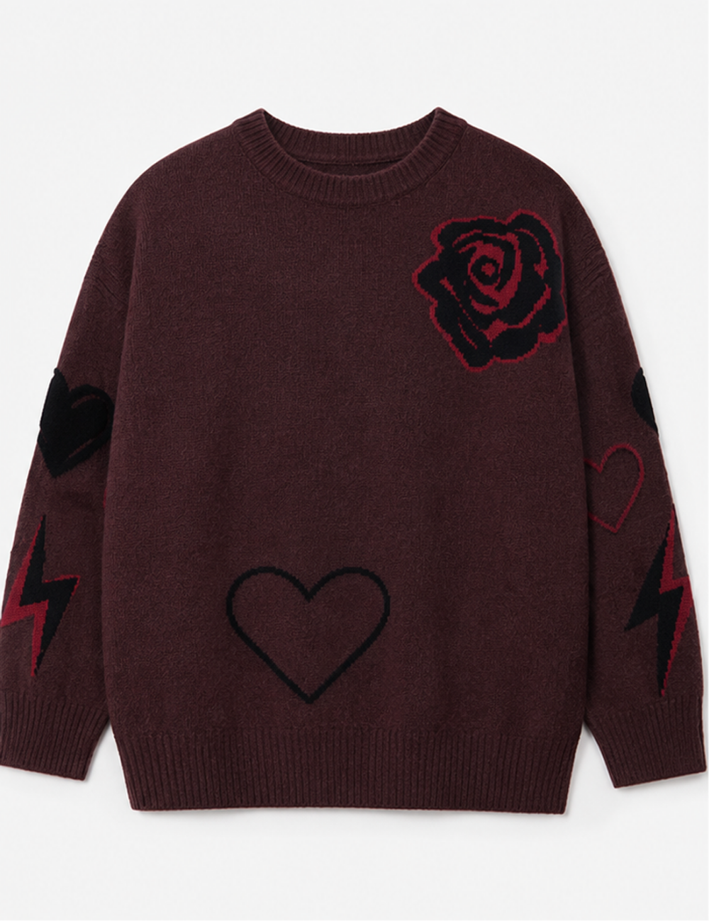 Ladies Heart Music Note Jacquard Crew Neck Knit Sweater