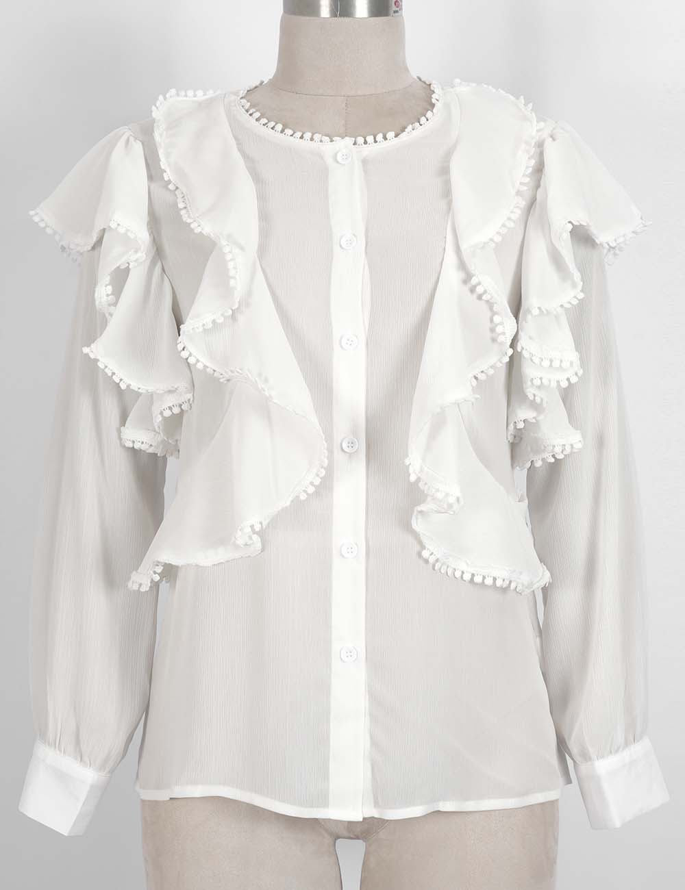 Ladies Elegant Ruffle Trim Button Front Long Sleeves Blouse