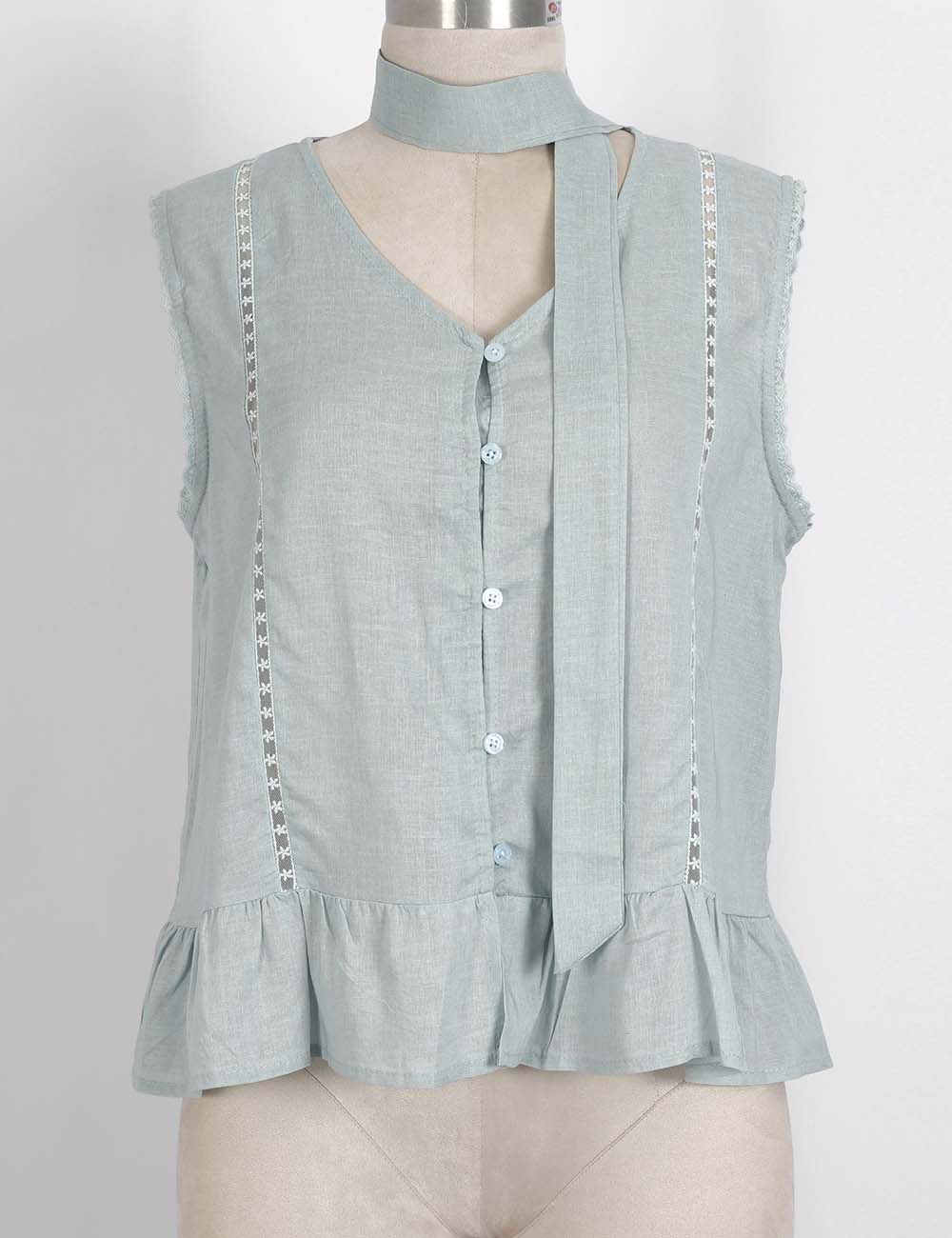Ladies Scarf Neck Ruffle Hem Button Sleeveless Top