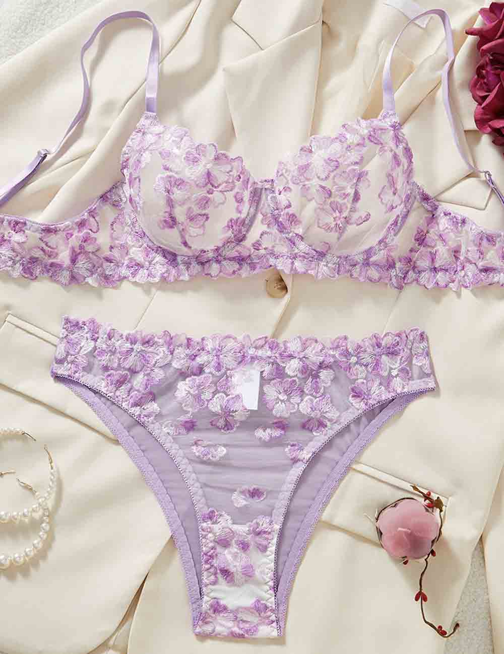 Ladies Floral Embroidery See Through 2PCS Lingerie Set 8HF4113