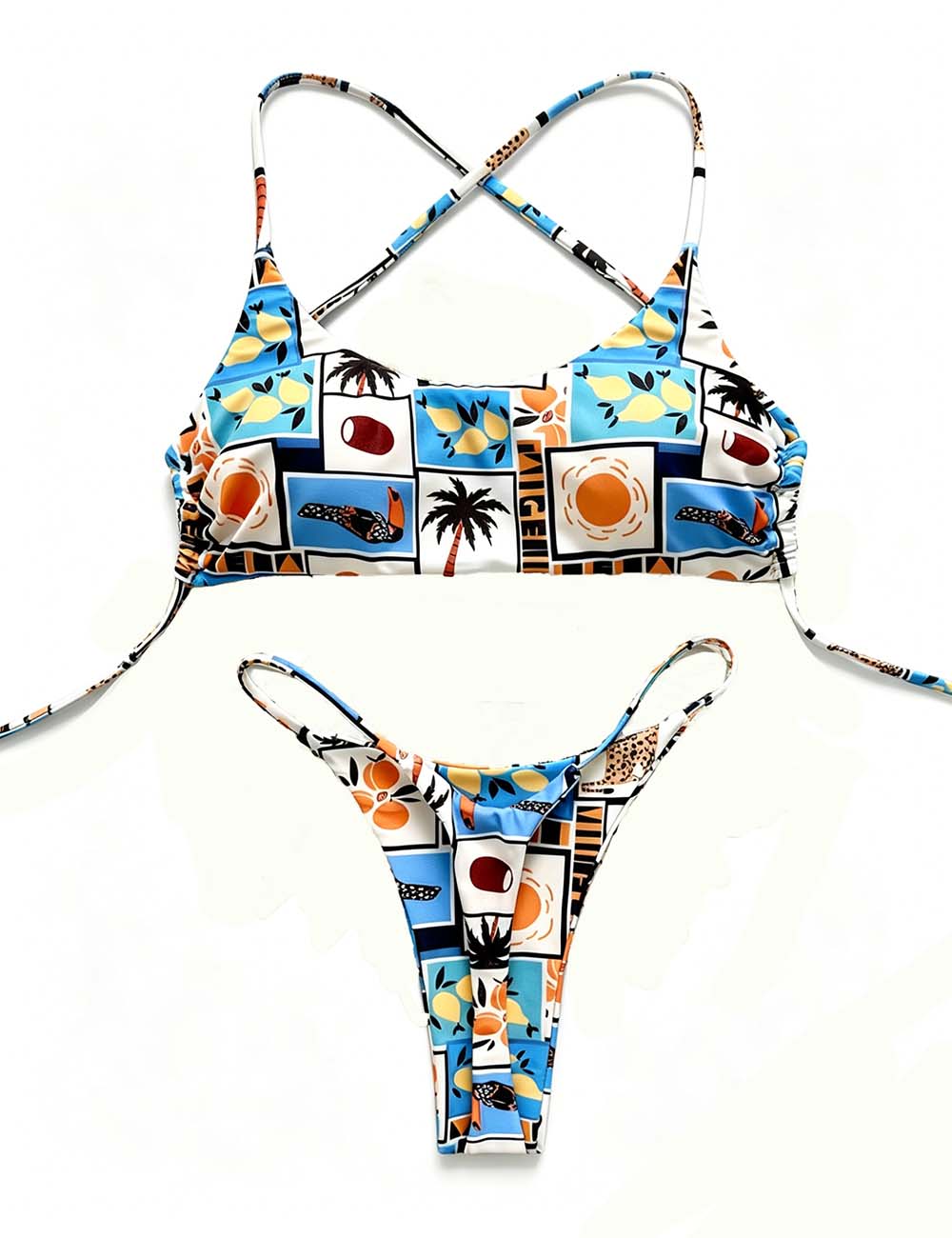 Ladies Tropical Print Halter Scoop Neck Triangle Bikini Set