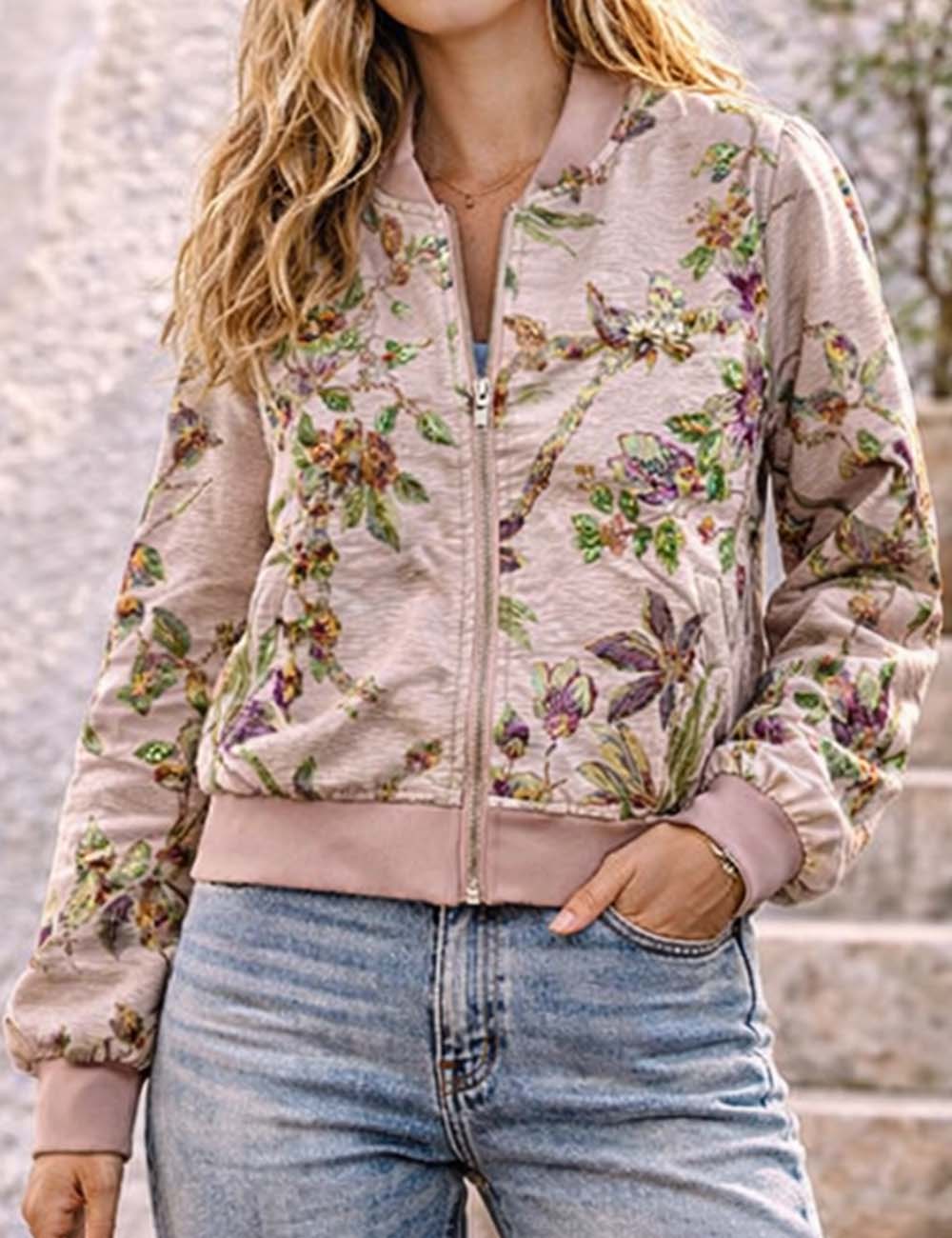Ladies Beaded Floral Jacquard Zip-Up Long Sleeves Bomber Jacket