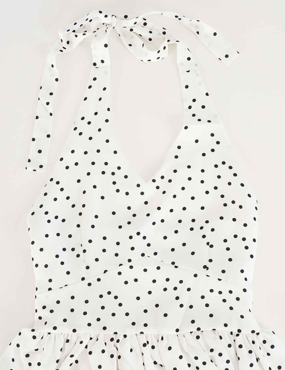 Ladies Polka Dot Halter Ruffle Hem V-Neck Sleeveless Top