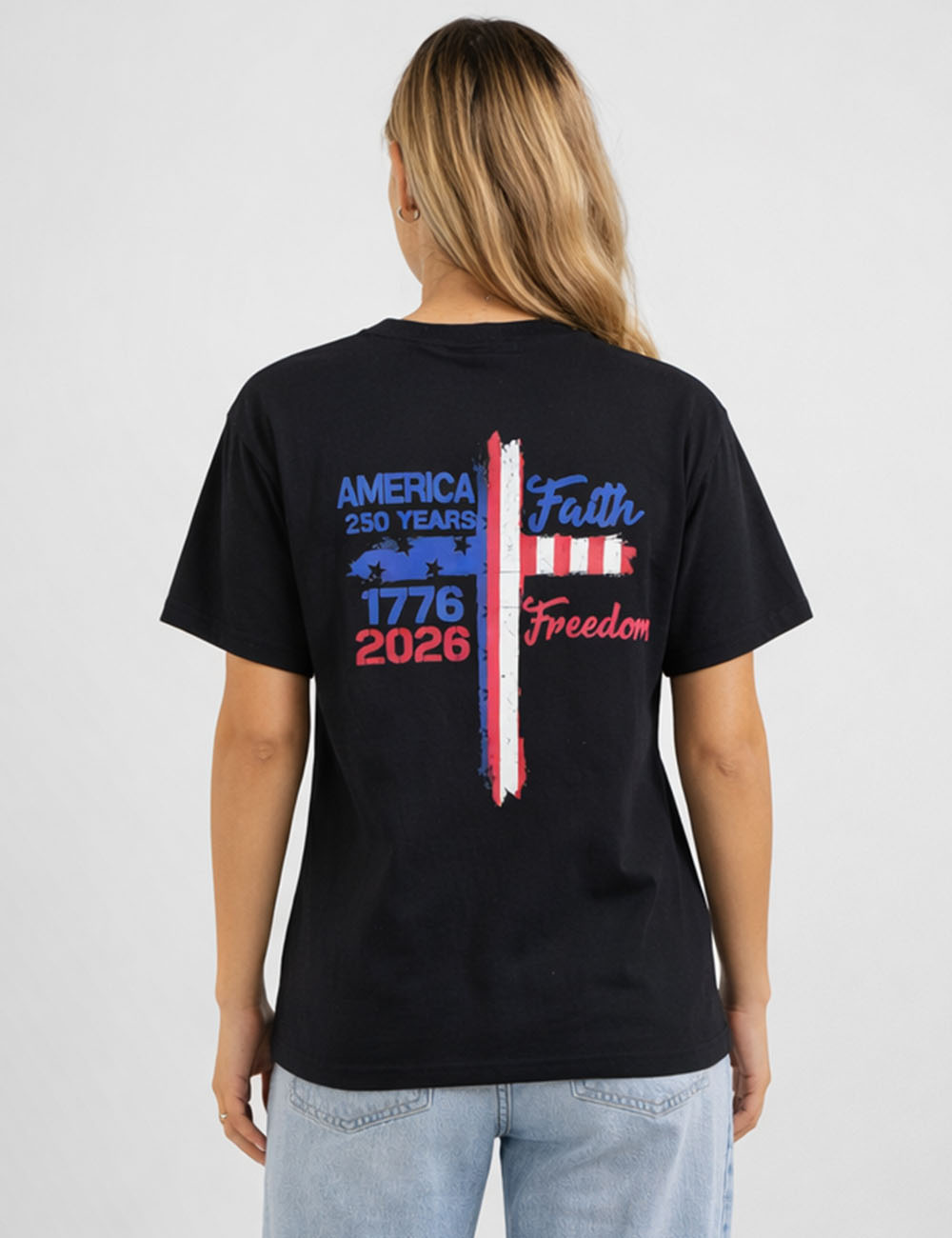 Ladies 4th of July USA Patriotic Cross Short Sleeves Tee