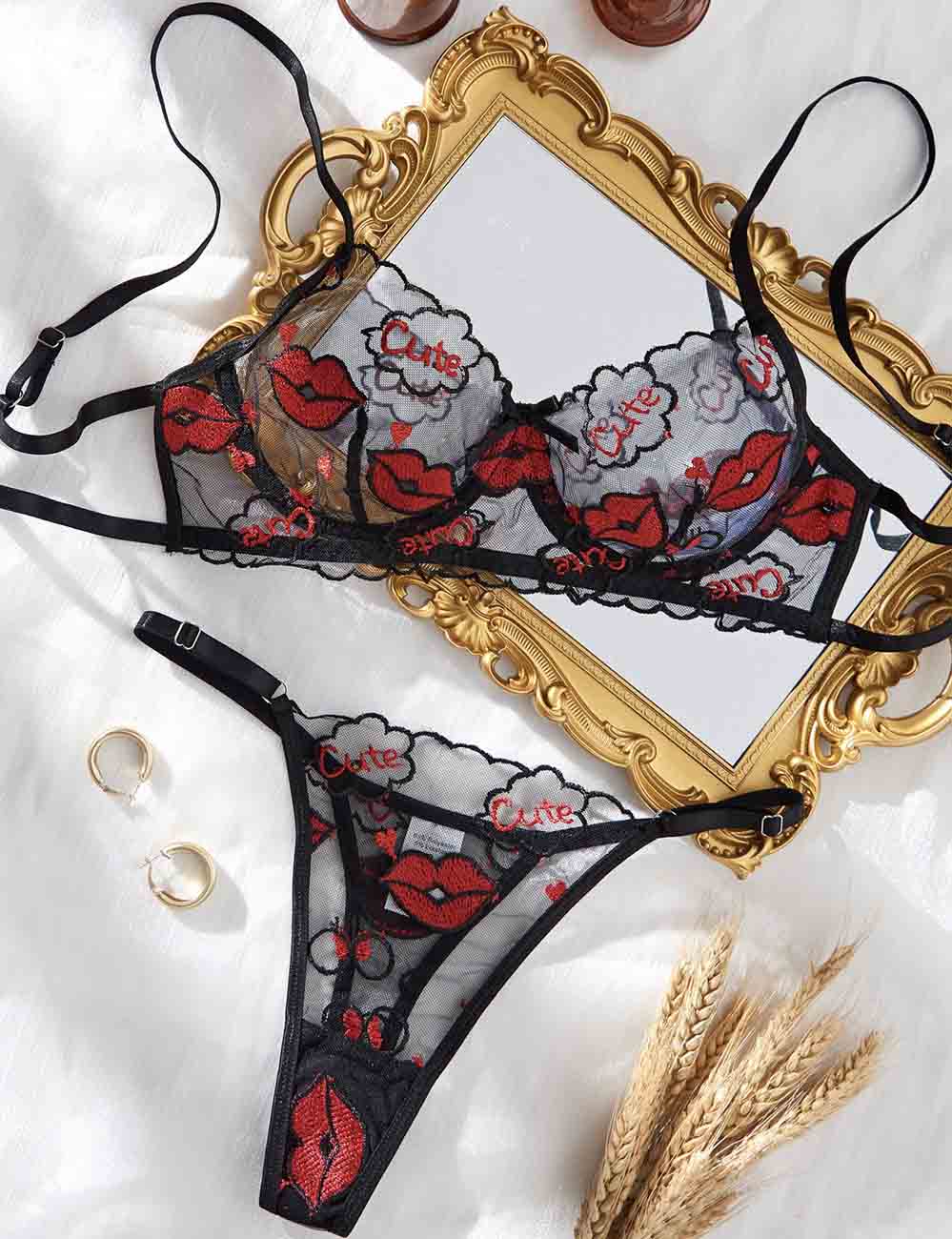 Ladies Red Lip Embroidery See Through 2PCS Lingerie Set 8HF4146