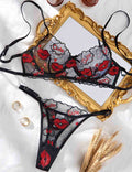 Ladies Red Lip Embroidery See Through 2PCS Lingerie Set 8HF4146