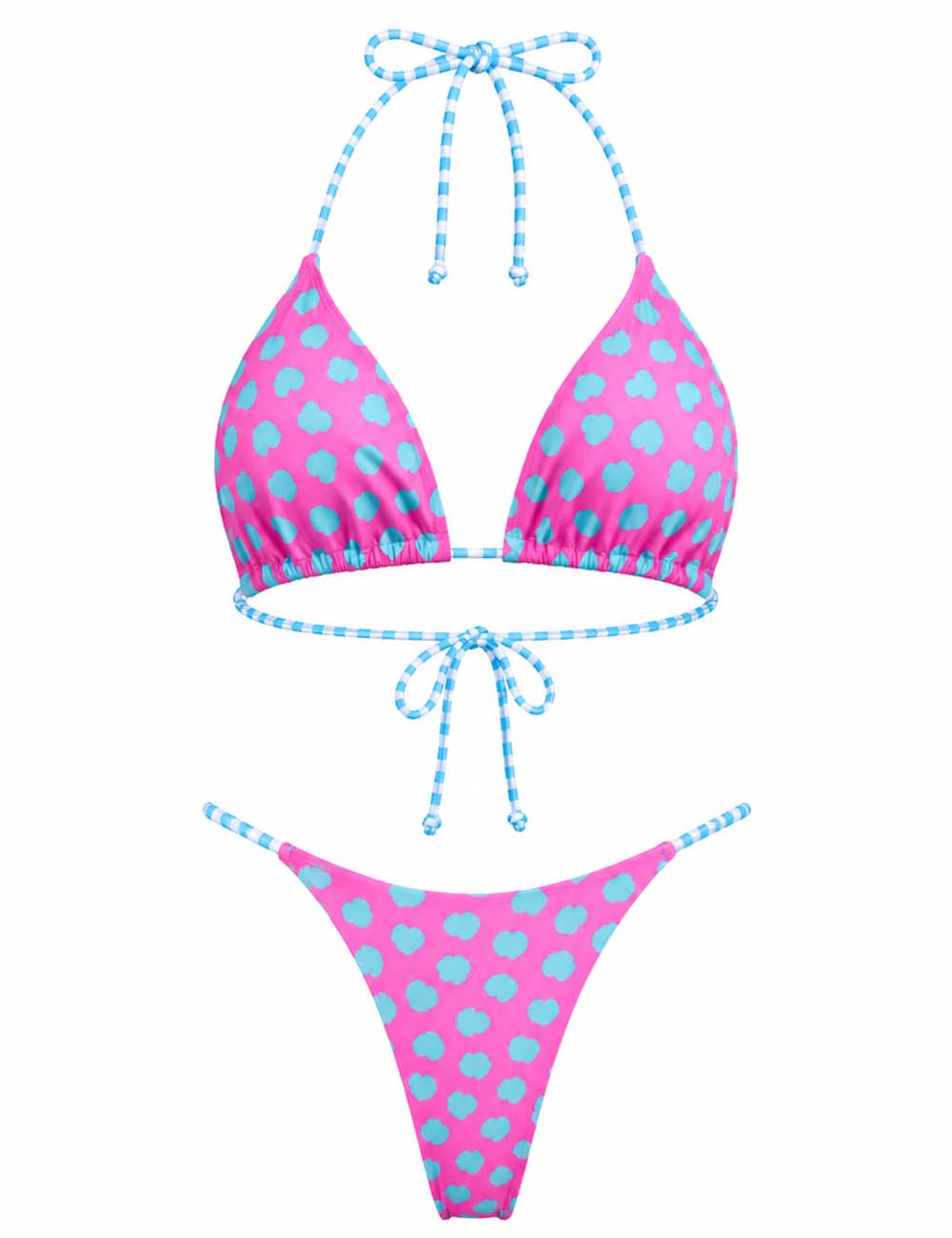 Ladies Pink Blue Heart Printting Back Ties Bikini Set