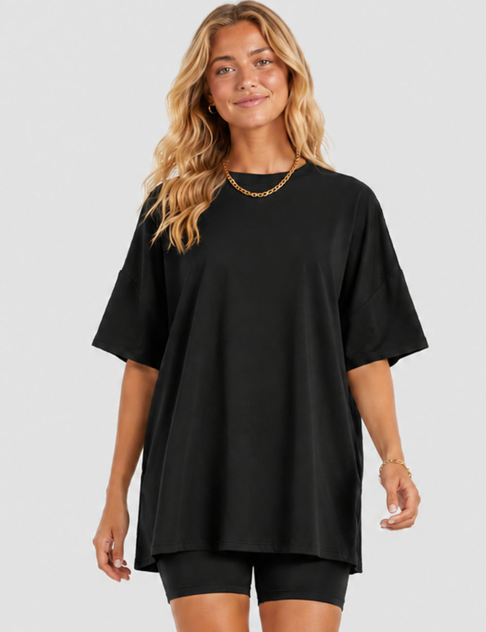 Ladies Solid Loungewear Outfits Loose Top & Slim Shorts Set