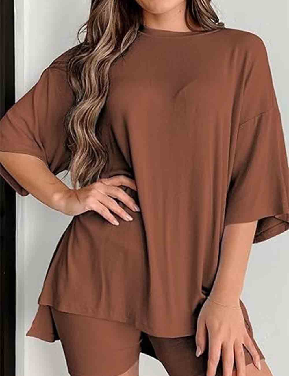 Ladies Solid Loungewear Outfits Loose Top & Slim Shorts Set