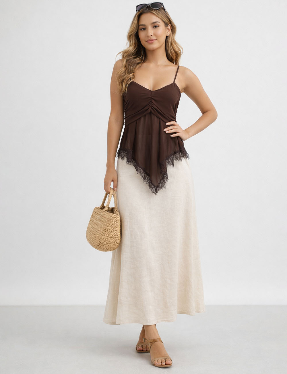 Ladies Sheer Mesh Lace Hem Spaghetti Strap Cami Top