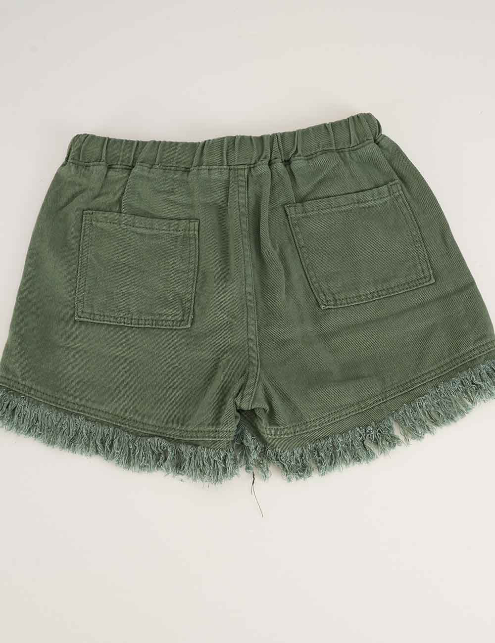 Ladies Solid Color Drawstring Waist Frayed Hem Denim Shorts
