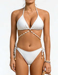 Ladies Solid Color Halter Shell Chain Triangle Bikini Set