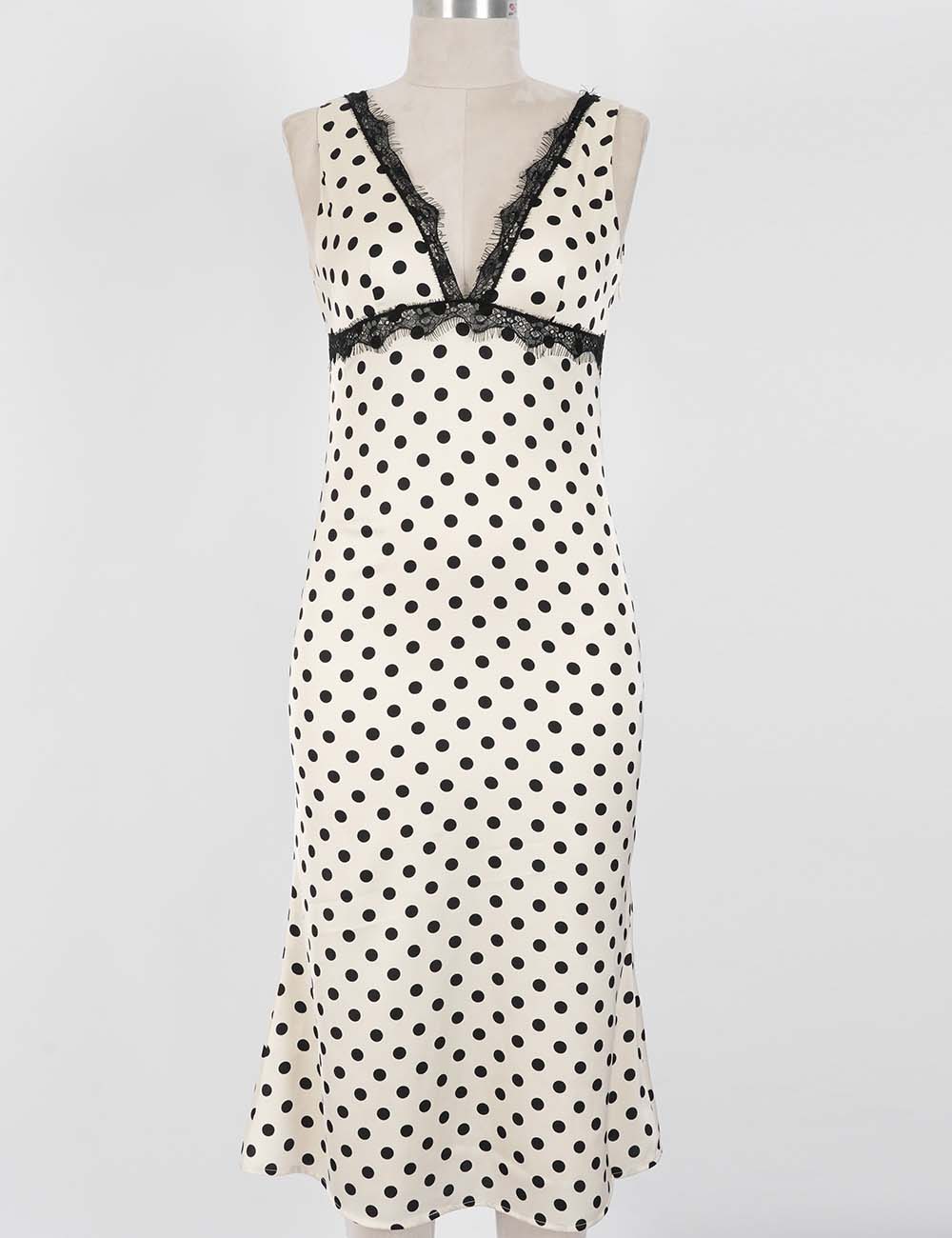 Ladies Chic Polka Dot Lace Trim V-Neck Sleeveless Midi Dress